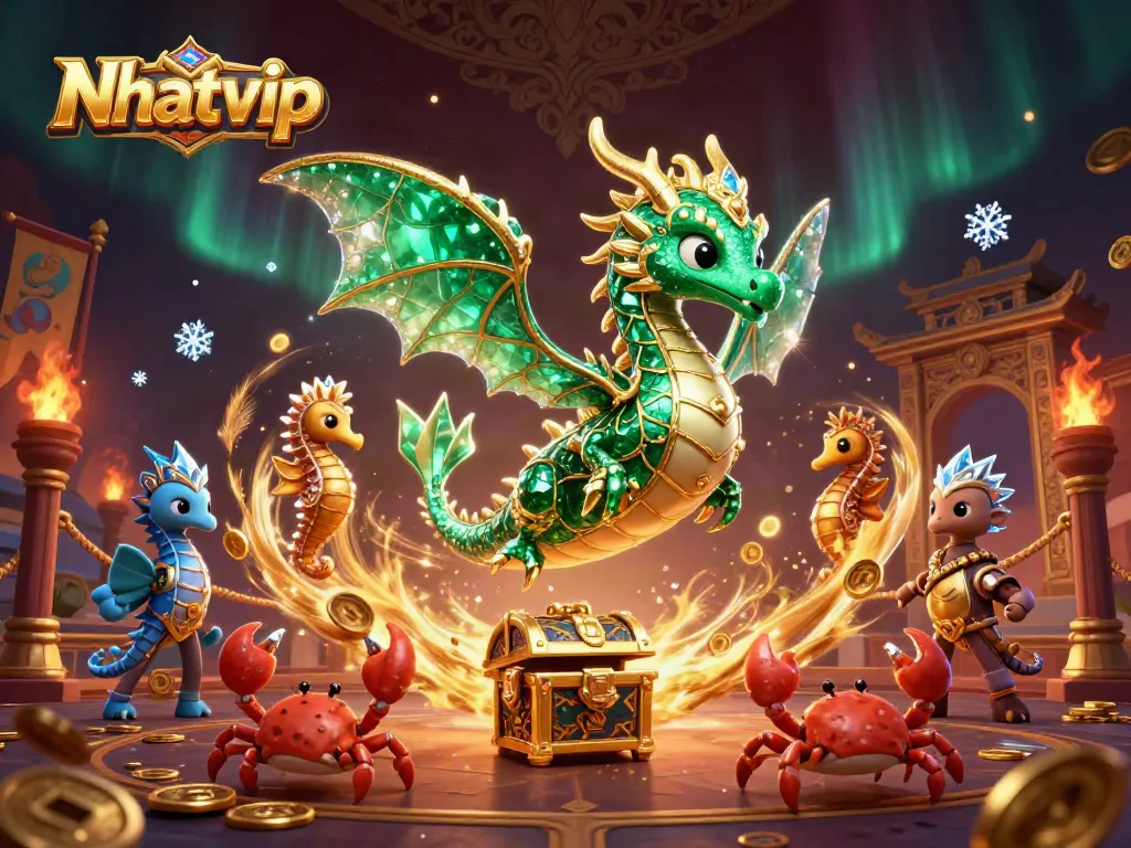 Nhatvip presents an enchanting gaming scene with an emerald sea dragon, treasure chest, and vibrant gambling elements.