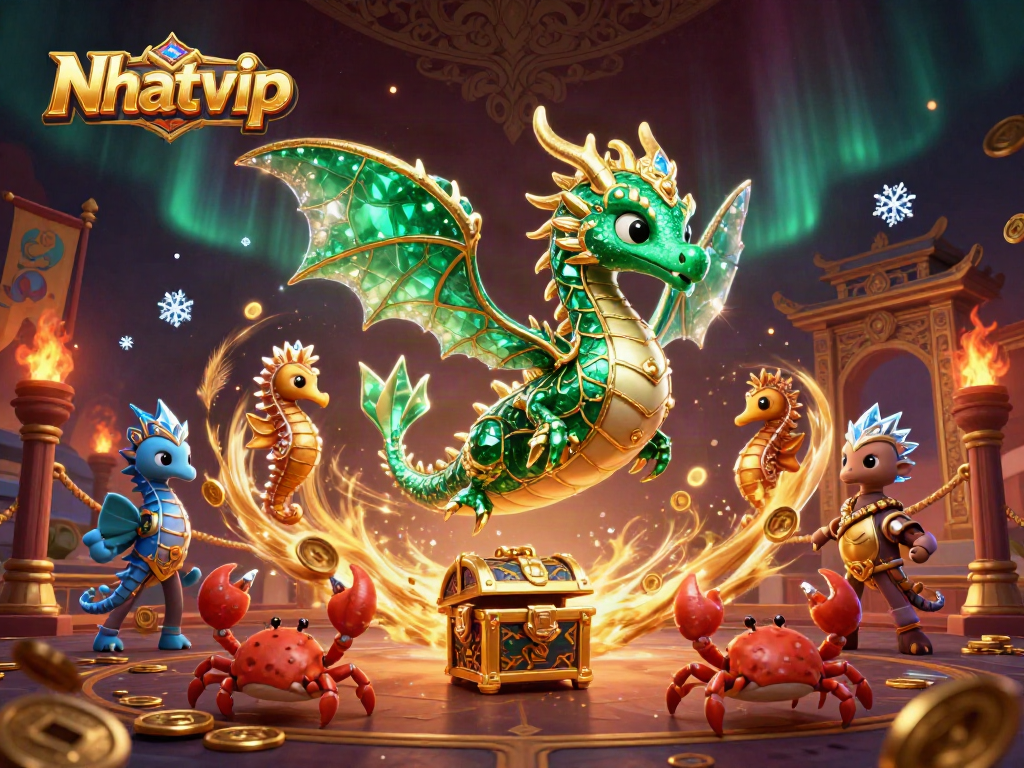 Nhatvip presents an enchanting gaming scene with an emerald sea dragon, treasure chest, and vibrant gambling elements.