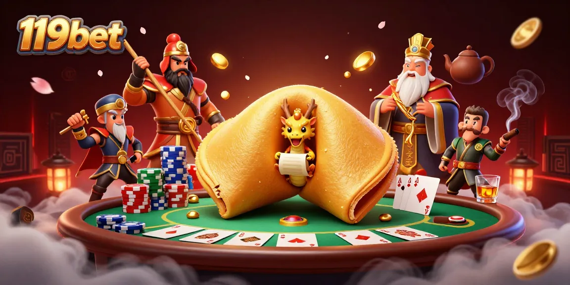 Experience excitement at 119bet with a golden treasure, poker games, and vibrant illustrations.
