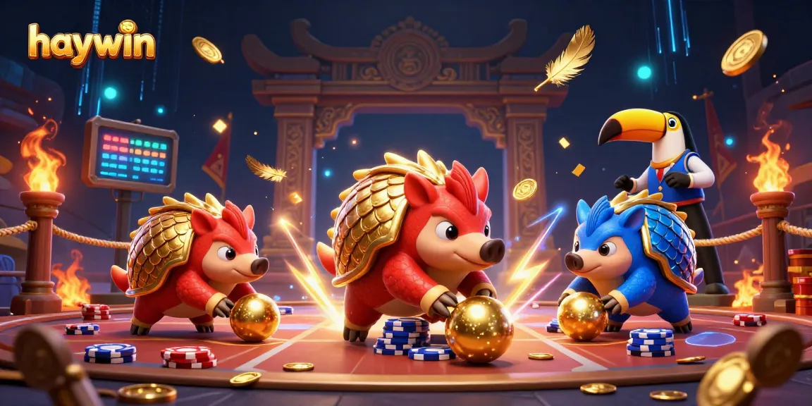 Join the intense gaming action at haywin with rival pangolins bowling through poker chips and gold coins.