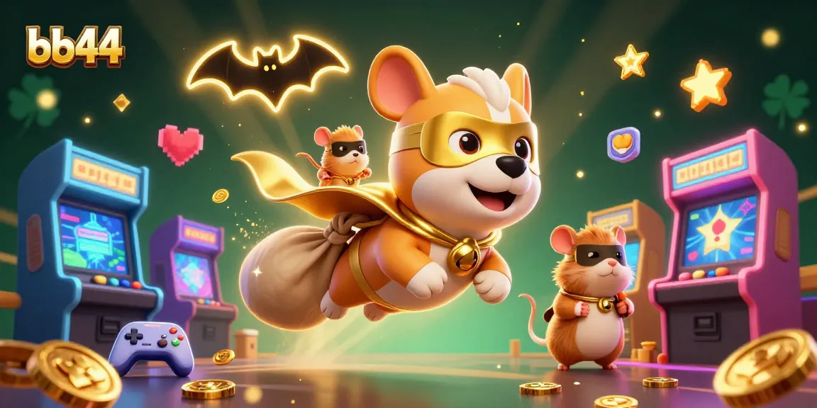 bb44 showcases a superhero dog and sidekick amidst vibrant casino gaming elements.