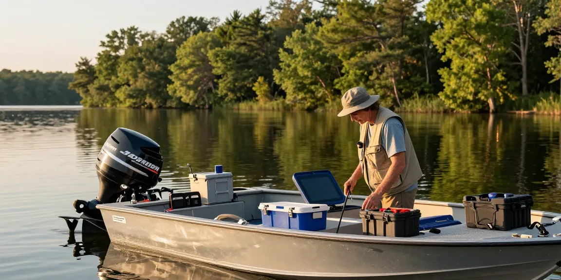 Inspecting a Johnson outboard for sale on a fishing boat by a serene lake