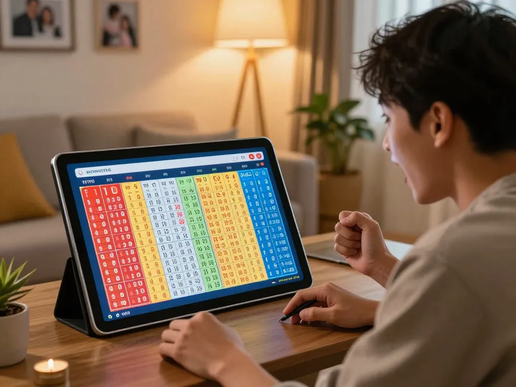 xổ số mb66 player eagerly following lottery results on a home tablet setup, showcasing thrilling online gambling experience.