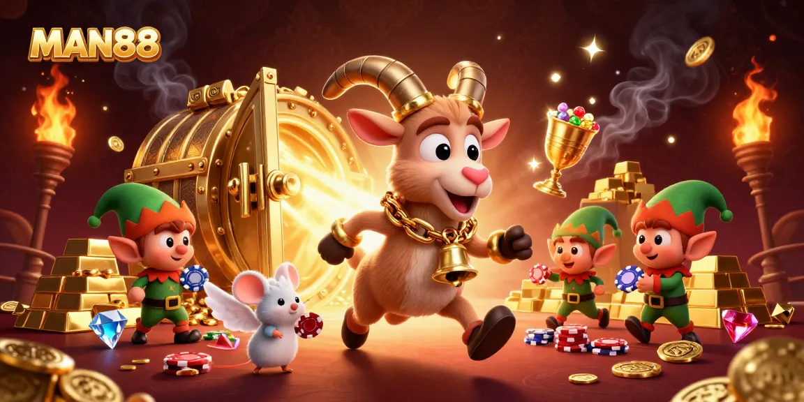 Engage in exciting wins at MAN88 with a lively scene of festive characters in a vibrant casino atmosphere.