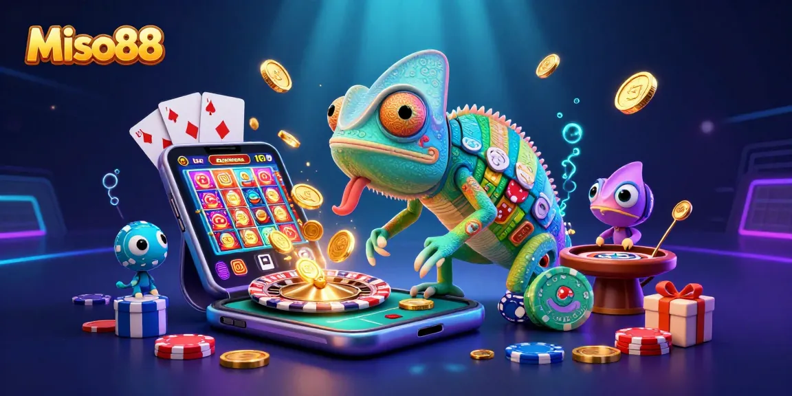 Miso88 players engage in vibrant slot games while the chameleon casino owner watches over the action.