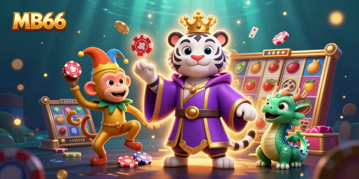 Spin the slots with MB66's magical characters in this vibrant casino-themed illustration.
