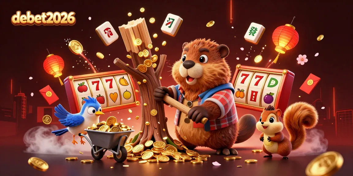 Engage with debet2026 in a vibrant casino scene with illustrated characters, gold coins, and slot reels.