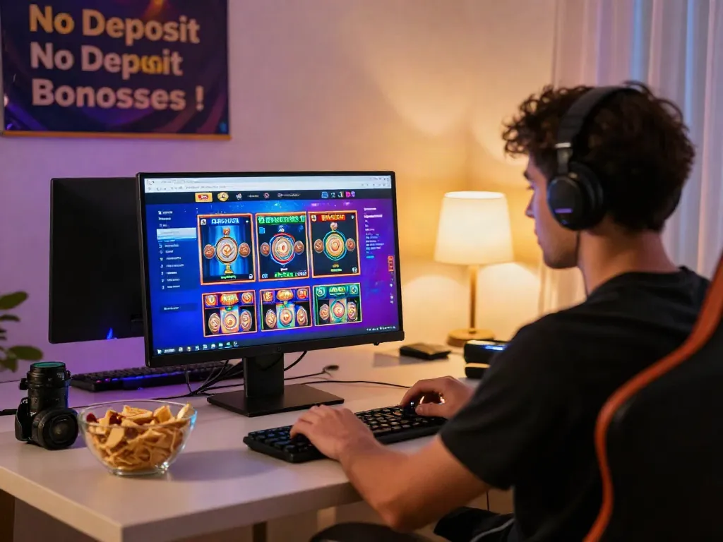 Engaged player enjoying Casinos Sans depots at home gaming desk.