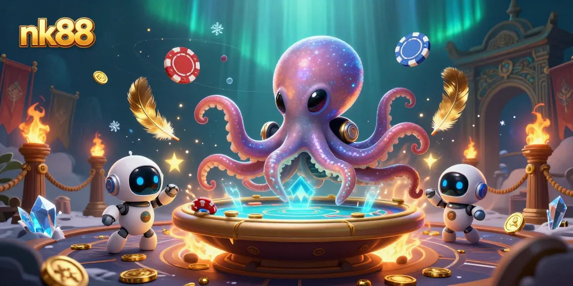 nk88 casino experience with a cartoon alien octopus dealing poker, vibrant alien elements