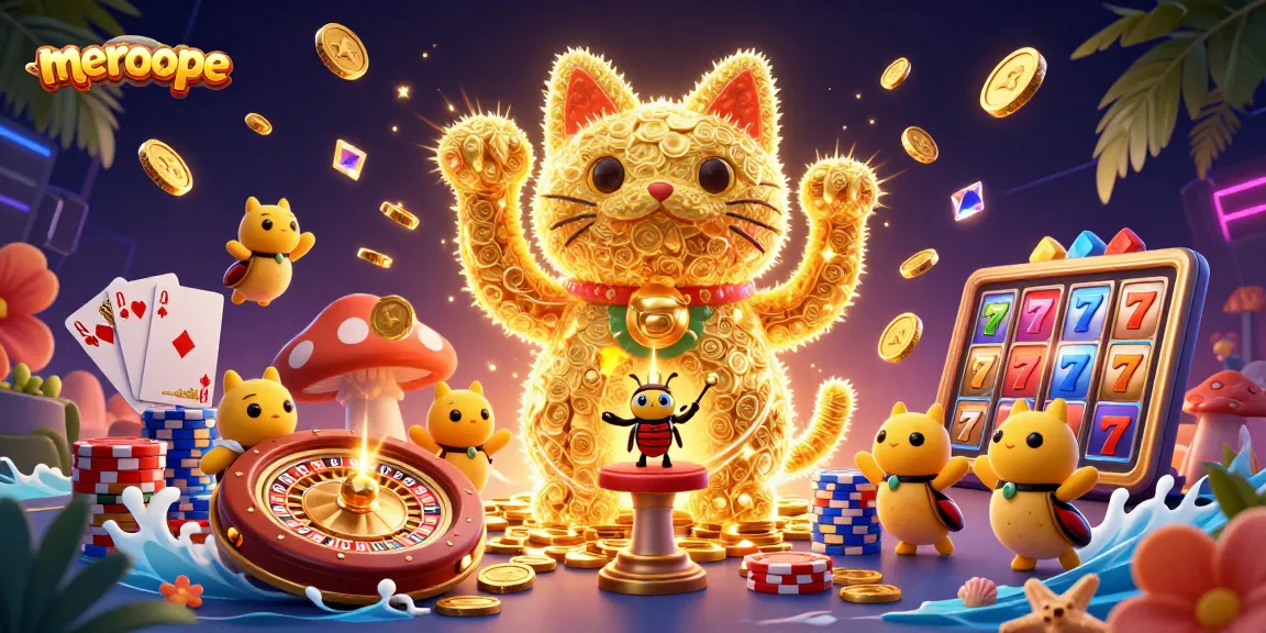 Experience thrilling action with meroope's vibrant lucky cat illustration, radiating casino luck and excitement.