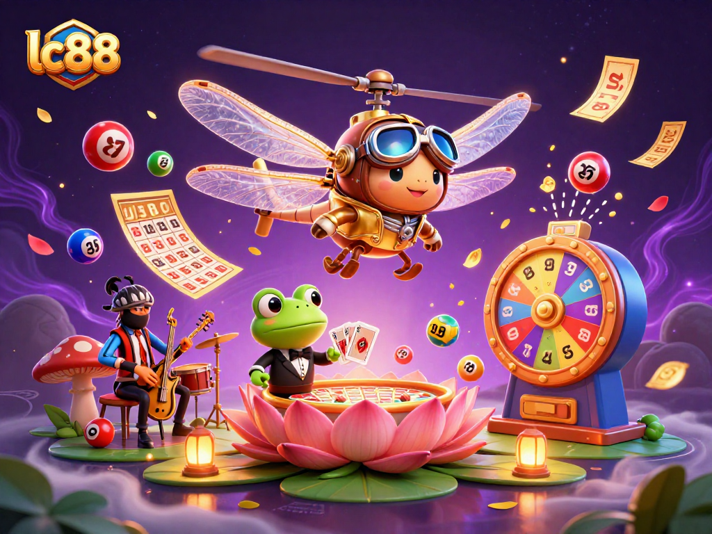 Engage with lc88's vibrant casino thrills featuring a lively dragonfly pilot, frog croupier, and music-playing crickets.