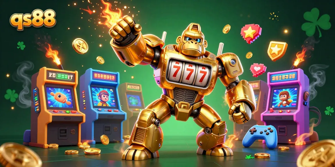 Experience the thrilling slot action with qs88's dynamic golden gorilla mech surrounded by colorful arcade elements.