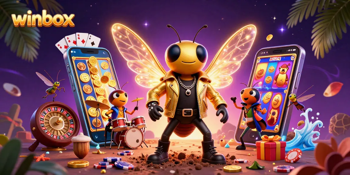 Spin to win with winbox: a lively 3D casino scene featuring a rock star cicada and vibrant slot elements