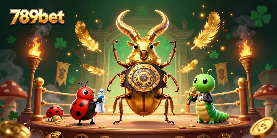 Engage with 789bet's vibrant gaming arena featuring a dazzling golden stag beetle champion.