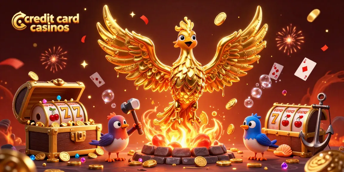 Experience dynamic gameplay at credit card casinos with a vibrant scene of golden phoenix and slot elements.