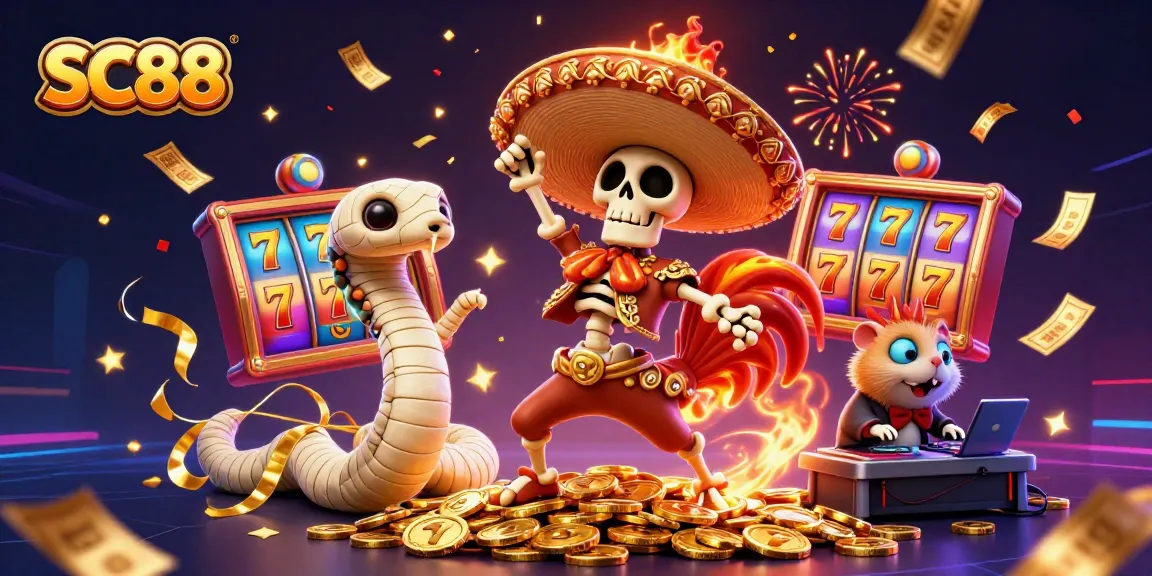 SC88 jackpot celebration with a mariachi rooster, mummy snake, and DJ hamster in a vibrant casino scene.
