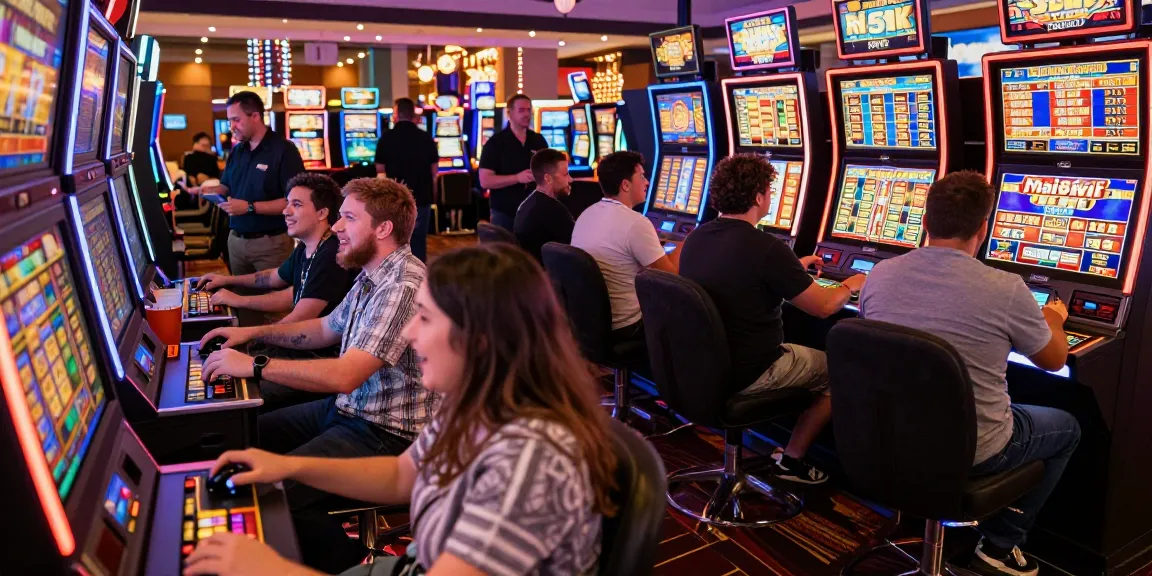 Exciting players at a casino trying their luck on slot deposit 5k games, vibrant atmosphere with bright screens.