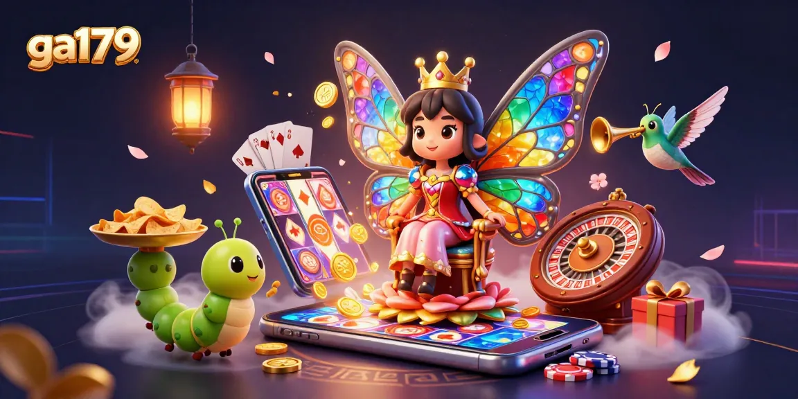 ga179 features vibrant casino scene with butterfly queen, vibrant slots, and cheerful gaming elements
