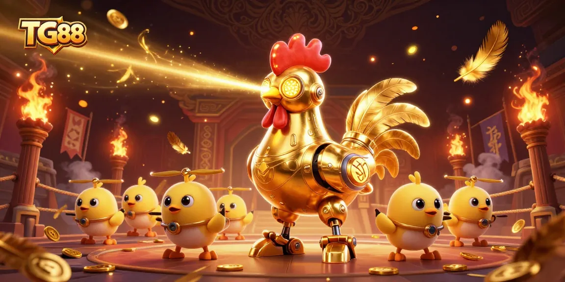 Experience the excitement of TG88 as the golden rooster robot battles in a thrilling casino arena.