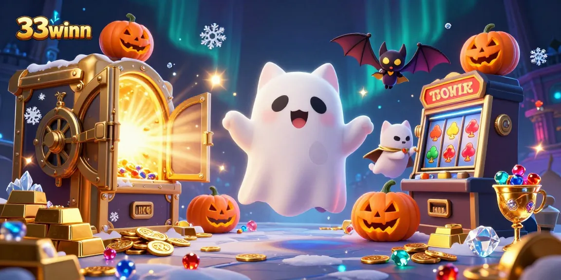33winn showcases a ghost cat and bat in a vivid haunted casino scene, inviting players to experience thrilling games.