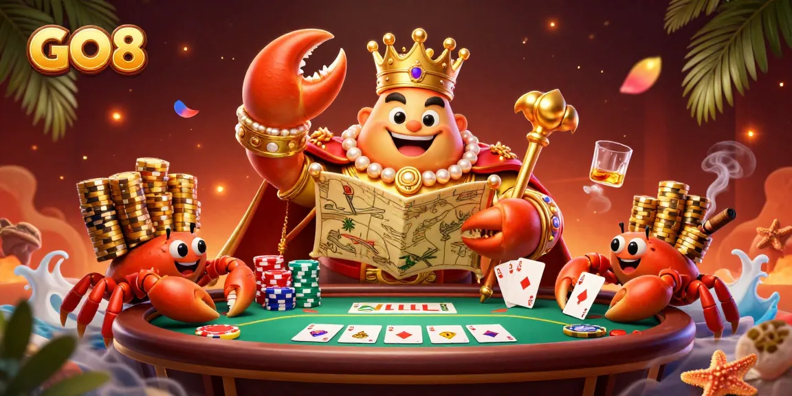 Engage with GO8 at a vibrant poker table scene featuring a golden crab emperor and abundant casino elements.