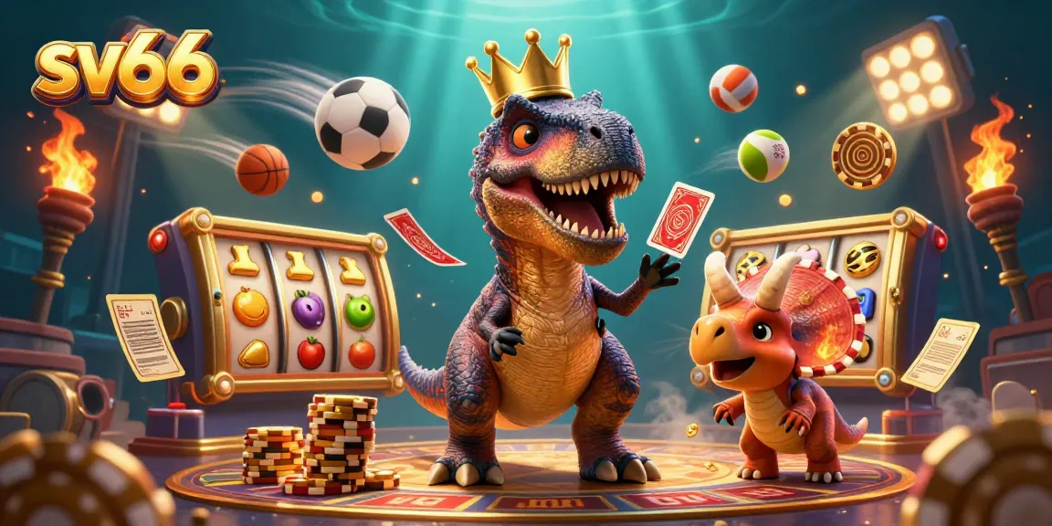 Experience dynamic gaming with sv66 as colorful slot reels and a friendly dinosaur character interact in a vibrant casino.