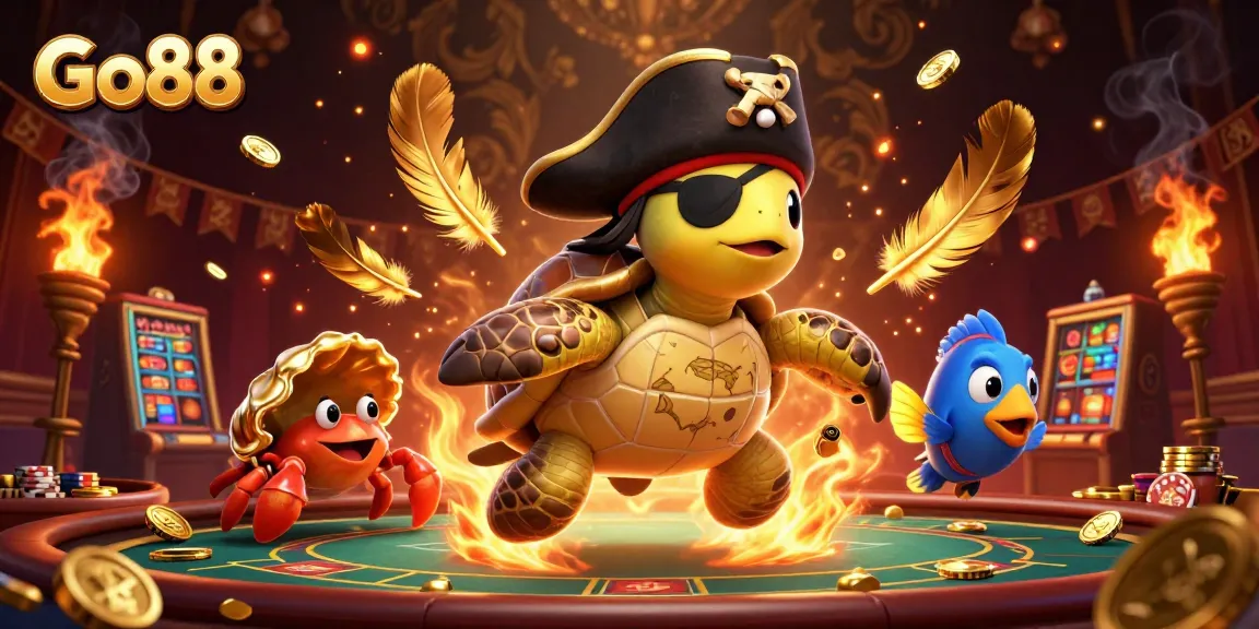 Experience thrilling games at Go88 with a vibrant scene of colorful casino elements and playful characters.