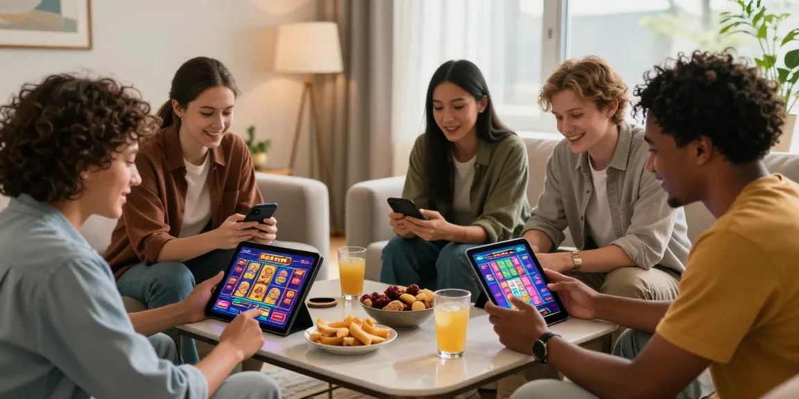 Friends enjoying new online casinos on mobile devices in a cozy living room