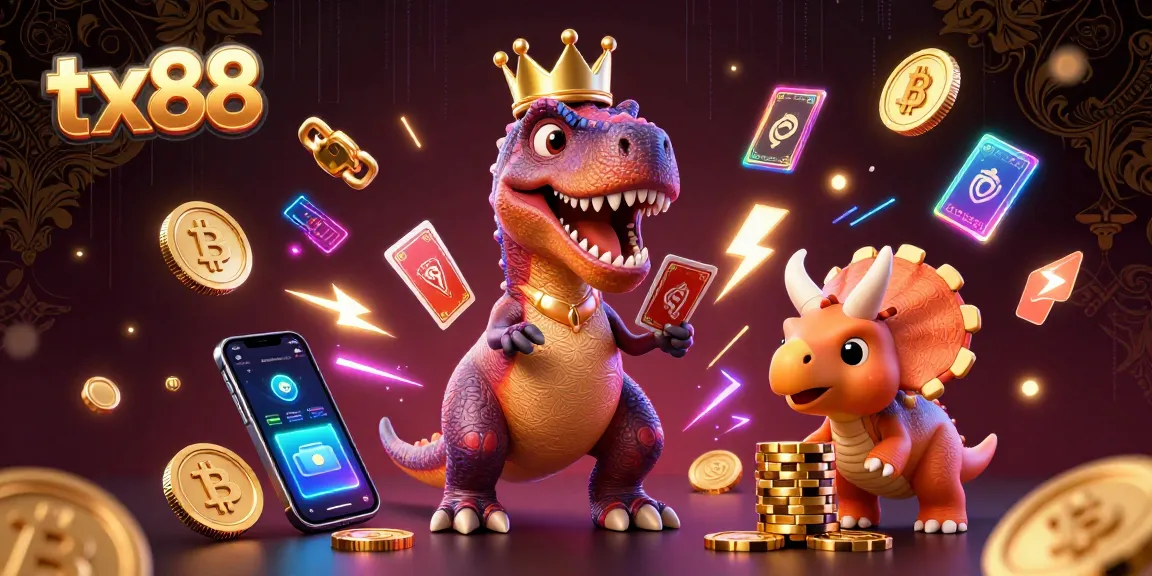Join the fun with tx88 and a charming T-Rex shuffling cards while a Pterodactyl assists!