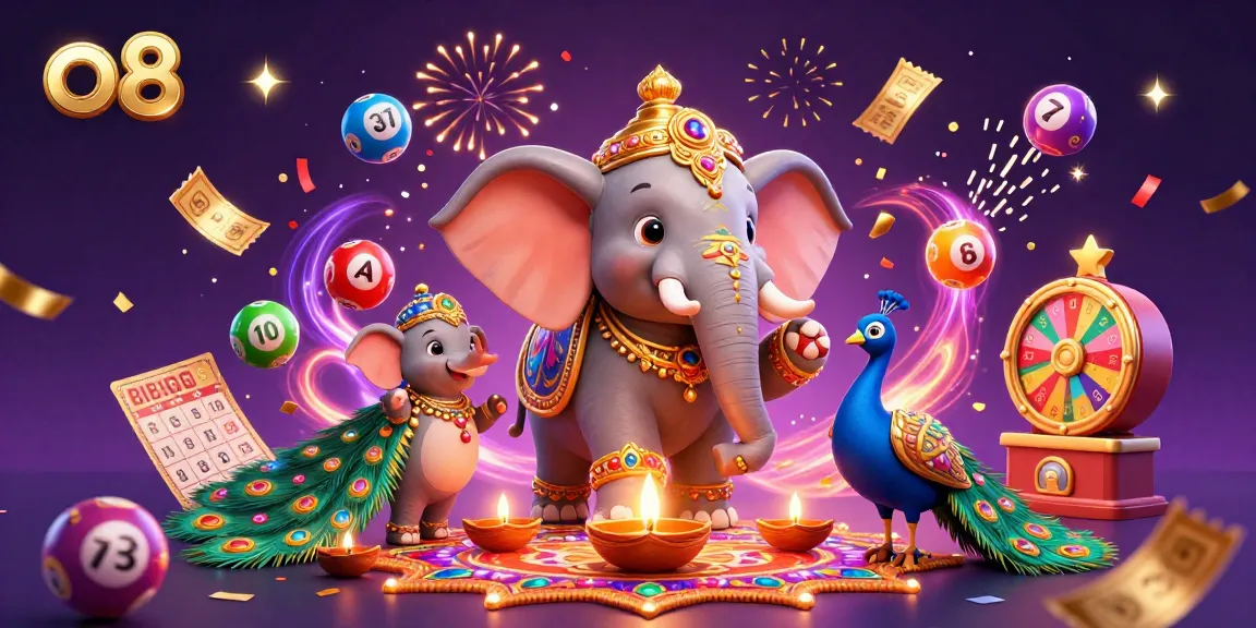 Win big with o8 at a vibrant casino scene featuring an ornate elephant and peacock, surrounded by dynamic lottery elements.