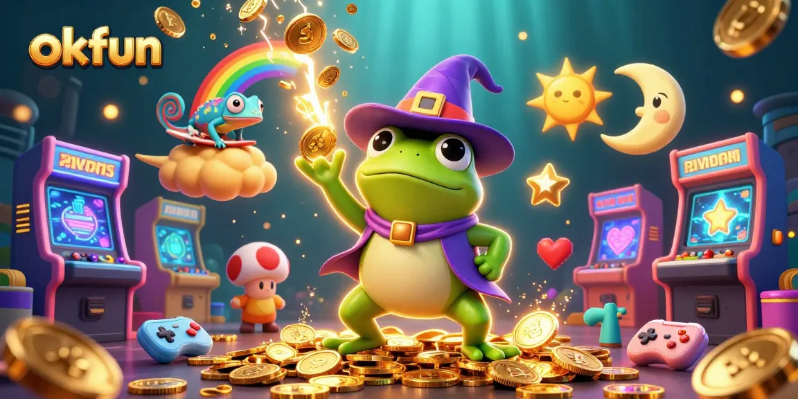 Engage with okfun’s exciting online casino world, featuring a 3D weather wizard frog amidst golden coins.