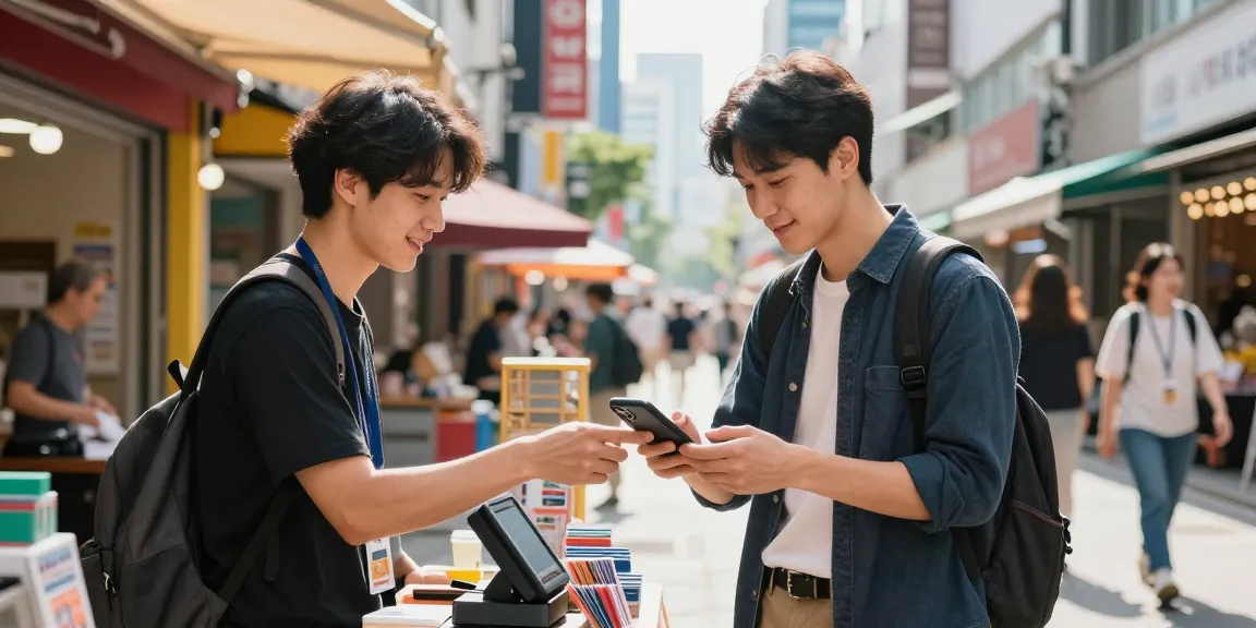 소액결제현금화를 위한 모바일 거래를 진행하는 젊은 창업자의 도시 거리 풍경