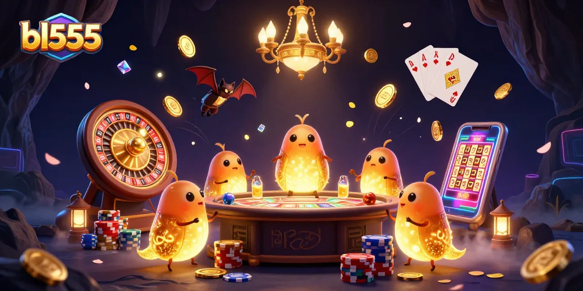 Experience the vibrant world of bl555 with a lively cave casino scene featuring glowworms and dynamic gaming elements.