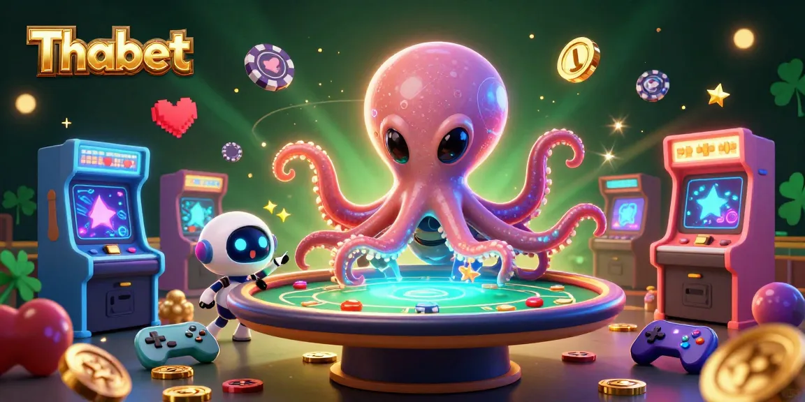 Play poker with Thabet's vibrant 3D gaming elements showcased by an exciting alien octopus.
