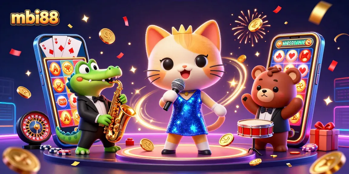 Engage with thrilling slots and games at mbi88, featuring lively cartoon characters in a vibrant casino.