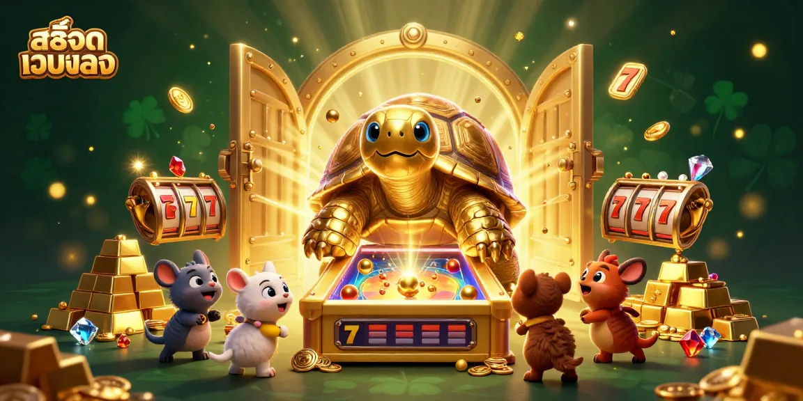 Engage in สล็อตเว็บตรง gaming with a lively scene of a golden tortoise pinball while sparkling treasures abound.