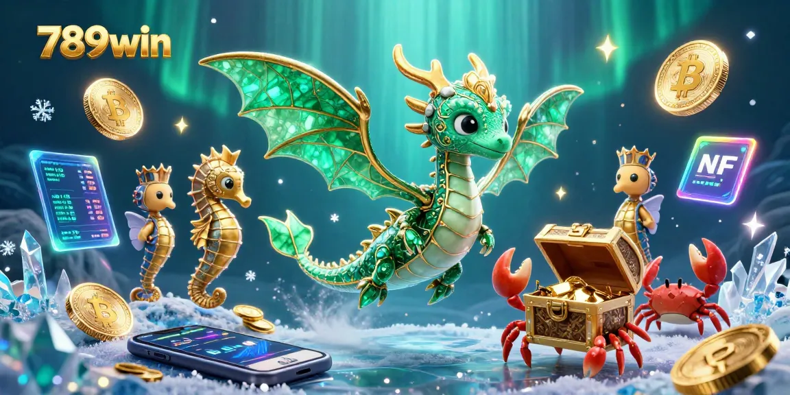 Experience the excitement of 789win with a vivid 3D depiction of an emerald sea dragon, mystical seahorses, and glowing crypto coins.
