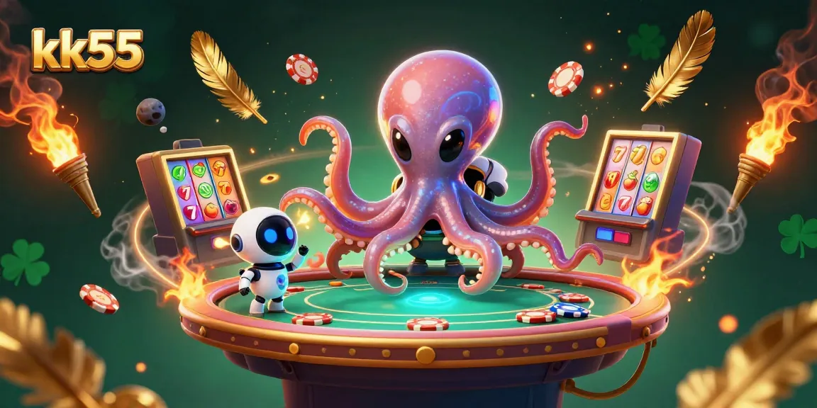 Engage with exciting kk55 gaming action featuring a cosmic octopus at a poker table amidst vibrant slot symbols and colorful elements.