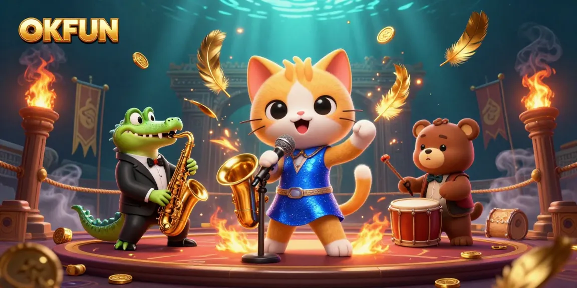 Experience the excitement of OKFUN's dynamic gaming scene with vibrant characters and rich casino elements.