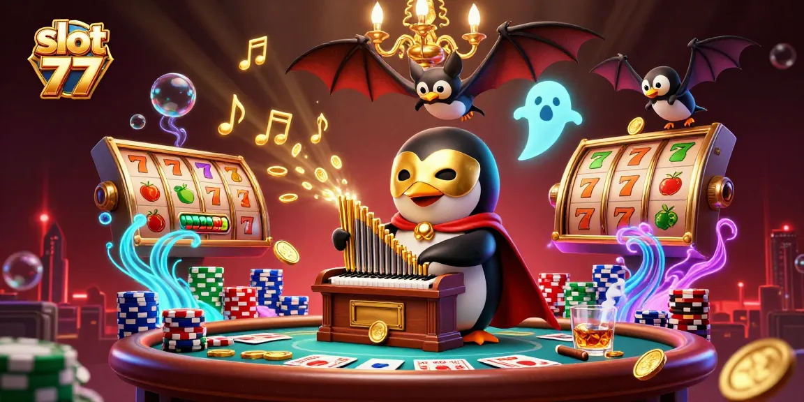 Experience the thrill of slot 77 with golden coins flying from slots and vibrant casino elements.