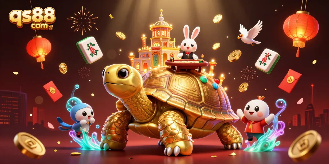 Engage with qs88 com for thrilling casino adventures featuring a golden tortoise, dealer, and treasure.