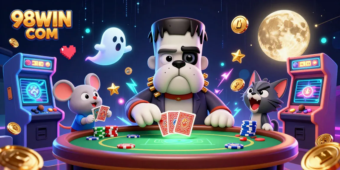 Engage with thrilling poker action at 98WIN COM, featuring unique characters in a vibrant casino setting.