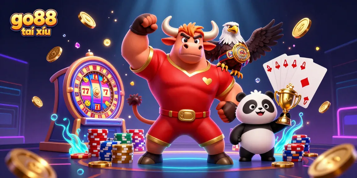 Experience go88 tài xỉu excitement as cartoon characters celebrate wins with coins and dynamic casino elements.
