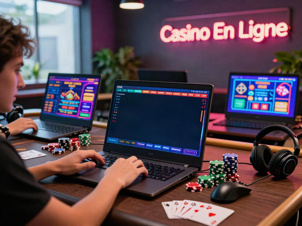 Engaging scene of Casino En Ligne gaming with a player and colorful game graphics