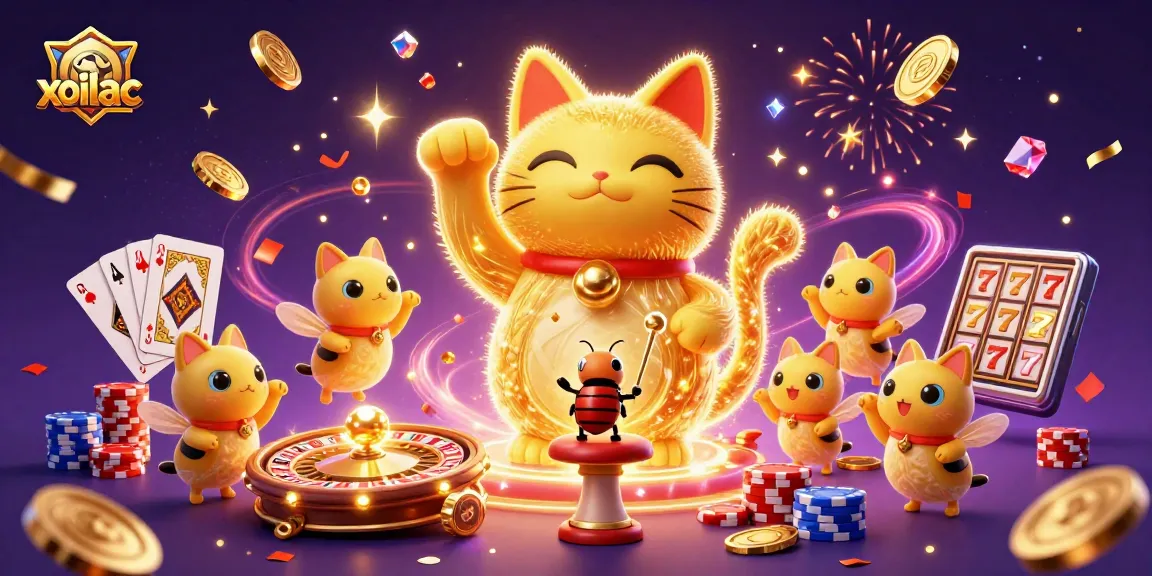 Engage with xoilac as golden fireflies form a lucky cat amidst casino elements.