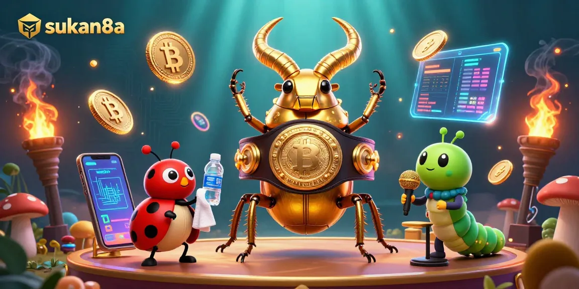 Engage with dynamic sukan8a casino action featuring a boxing beetle champion amidst glowing cryptocurrency elements.