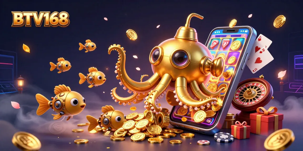 BTV168 presents a vibrant 3D digital illustration of a golden kraken submarine surrounded by gambling elements, showcasing an engaging gaming experience.