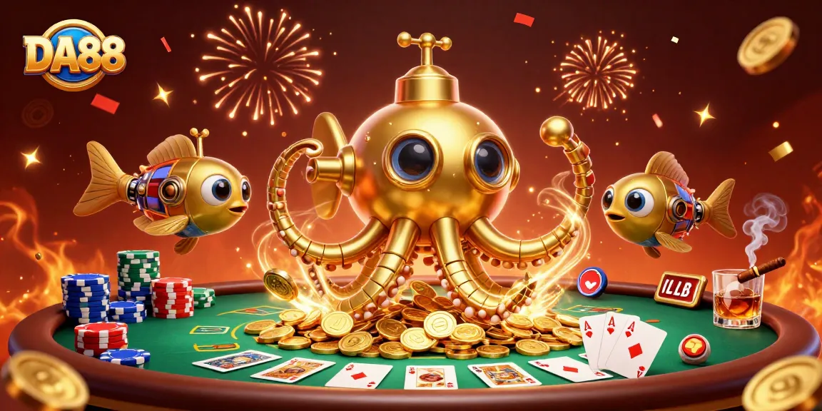 Engage in DA88 gaming adventures with a golden kraken submarine and vibrant casino elements.
