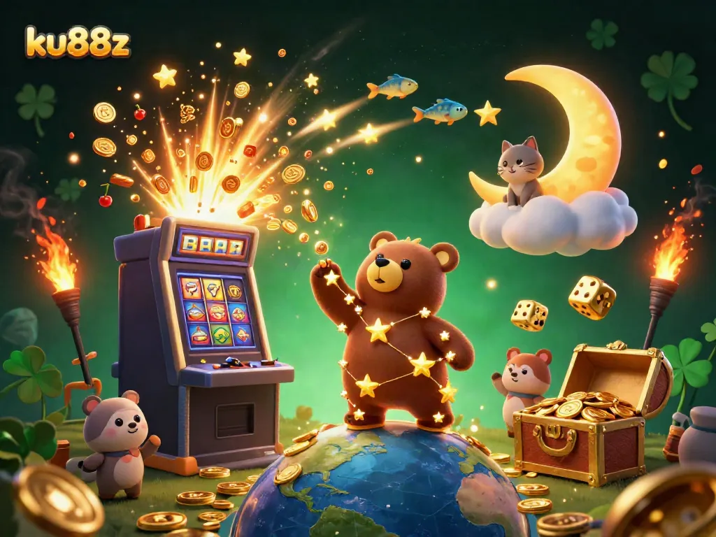 Experience excitement at ku88z with colorful coins and dynamic casino symbols in a vibrant 3D illustration.