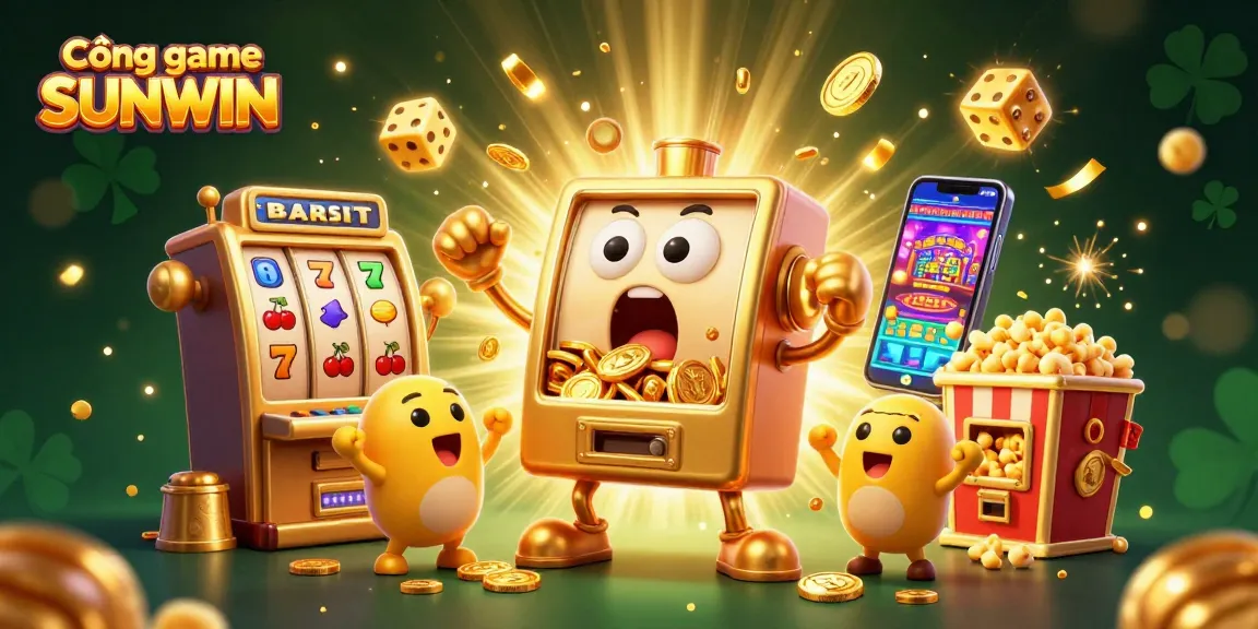 Cổng game SUNWIN showcases a joyous golden slot machine hitting a jackpot amidst a vibrant casino scene.